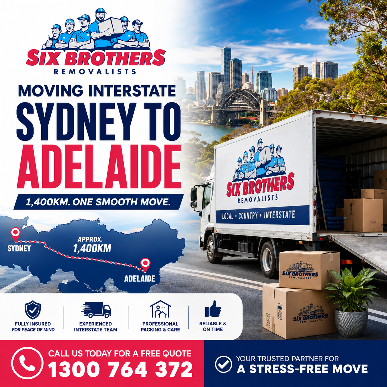 Sydney to Adelaide moving costs featured image by Six Brothers Removalists with truck, route map and phone number.