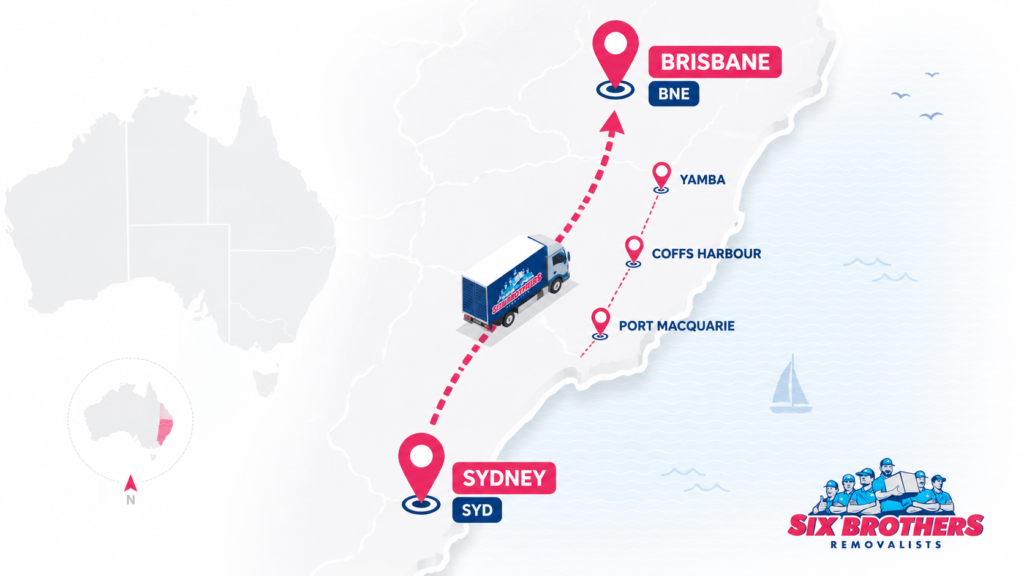 Map of moving interstate from Sydney to Brisbane by Six Brothers with coastal stops and truck route