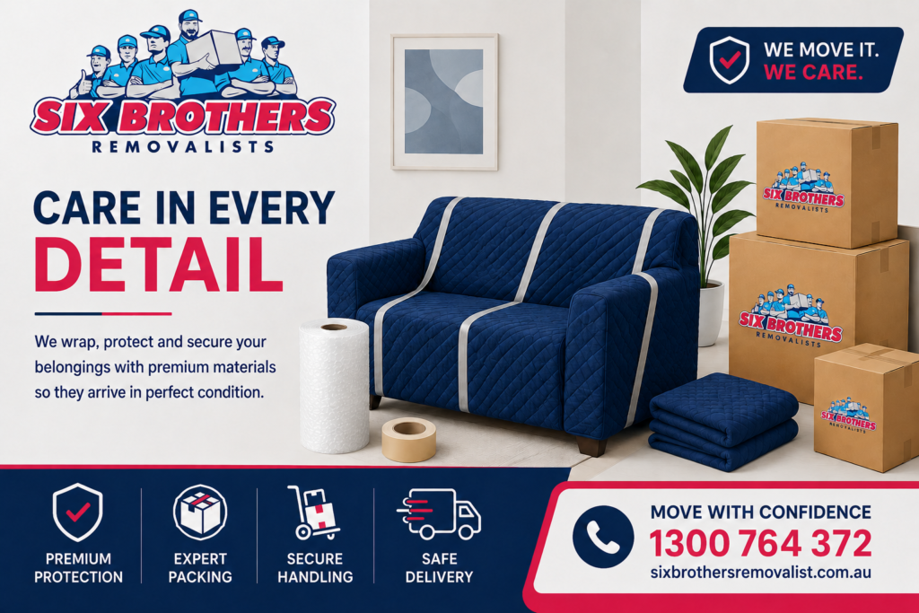 Moving interstate from Sydney to Canberra with Six Brothers Removalists, showing wrapped furniture and safe packing care