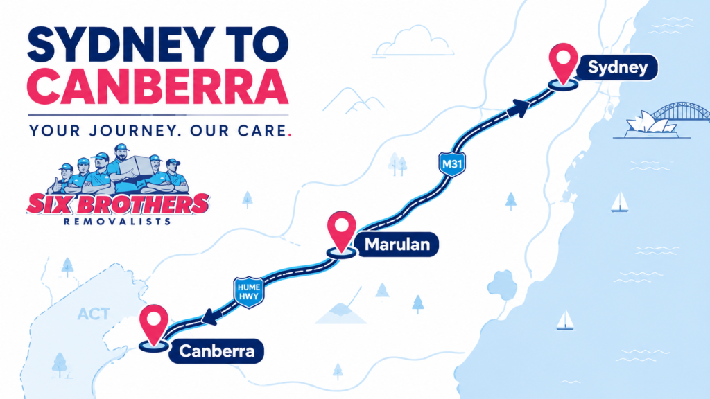 Moving interstate from Sydney to Canberra route map by Six Brothers Removalists showing Sydney, Marulan and Canberra