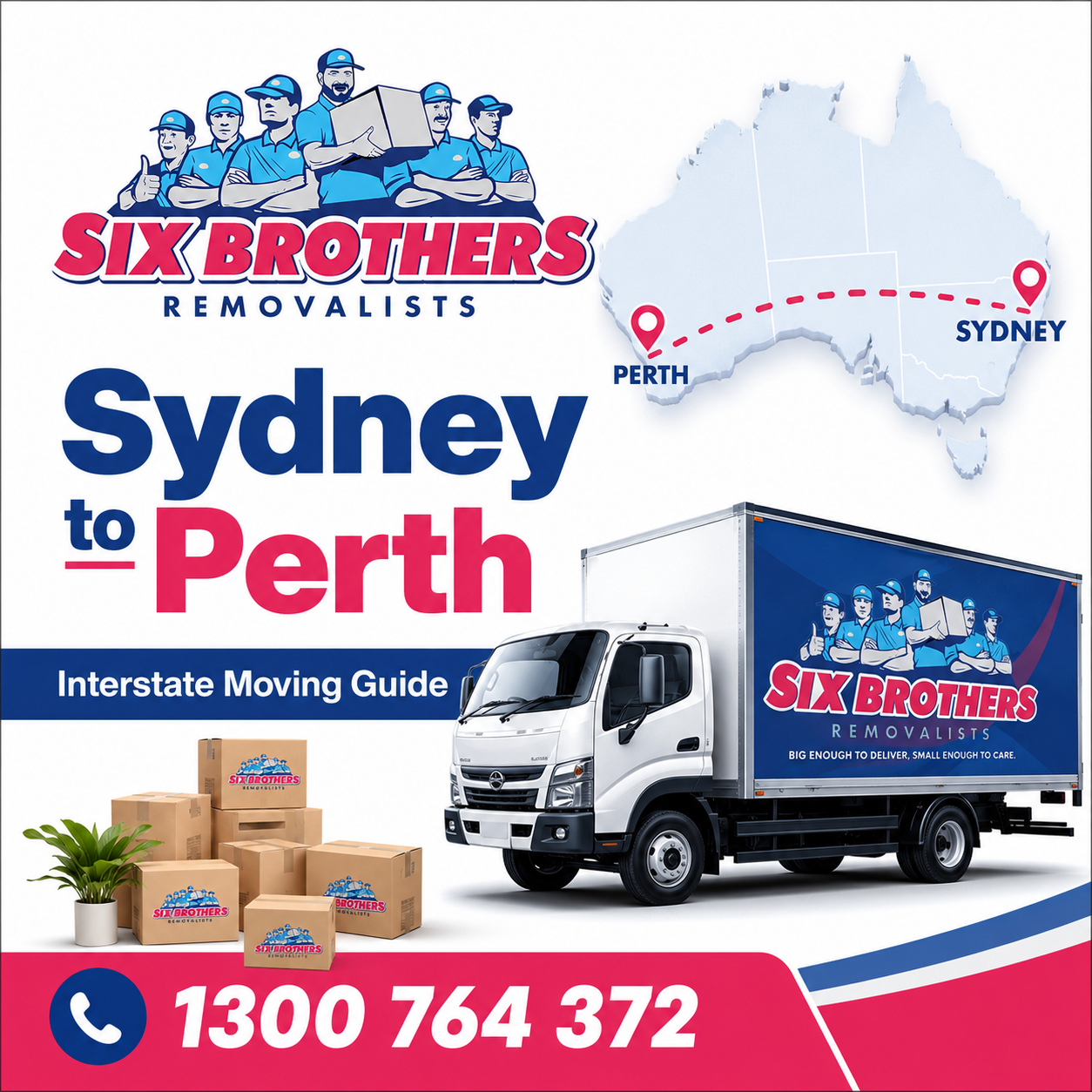 Sydney to Perth removalists truck, route map and moving boxes by Six Brothers Removalists.