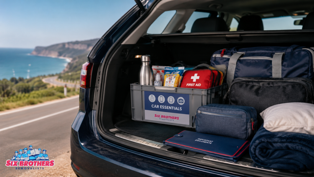 Neatly loaded car boot showing what to pack in your car when moving interstate with Six Brothers Removalists.
