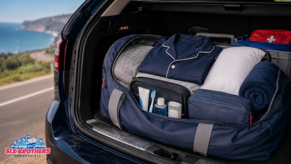 Packed overnight bag showing what to pack in your car when moving interstate by Six Brothers Removalists.