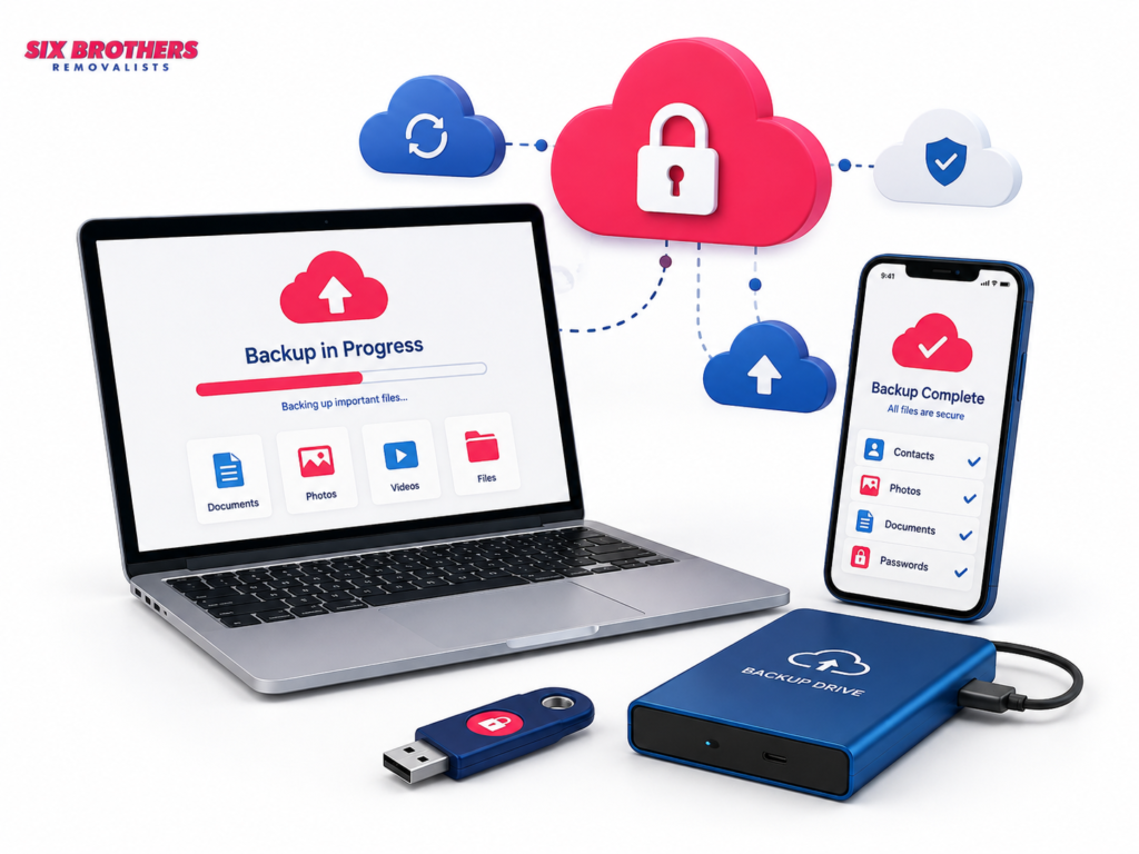 Digital valuables to keep when moving interstate, including laptop and backups, by Six Brothers Removalists.