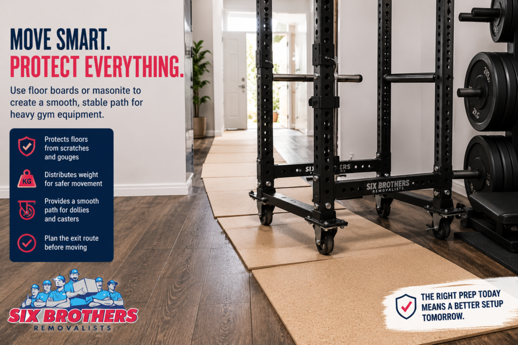 How to move gym equipment interstate with floor boards protecting timber floors by Six Brothers Removalists.