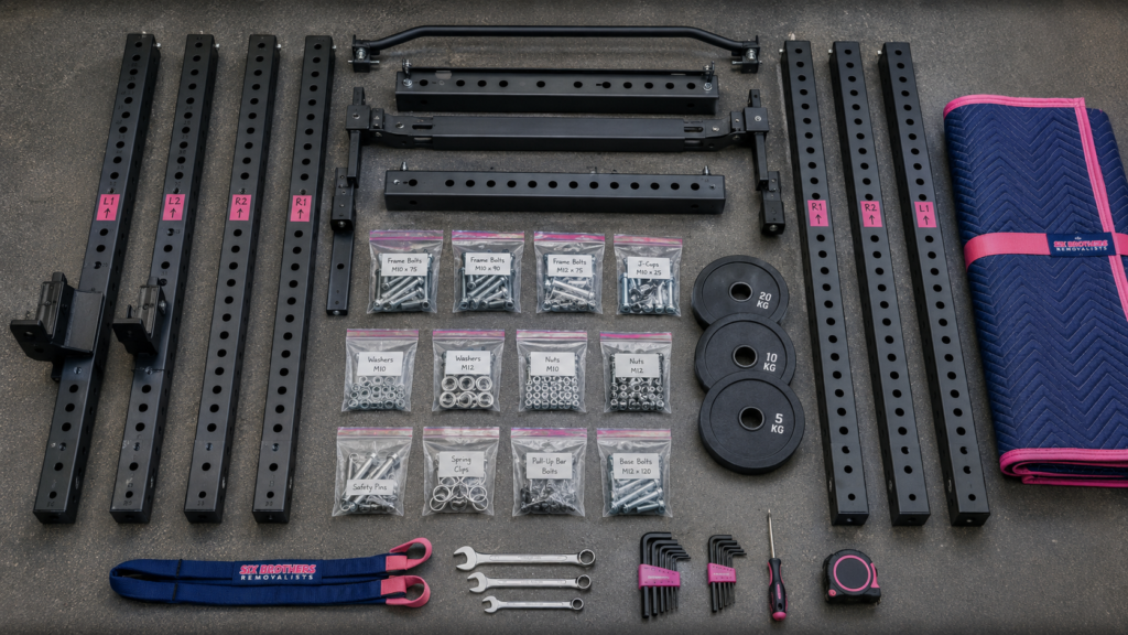 How to move gym equipment interstate with a labelled power rack disassembly layout by Six Brothers Removalists.