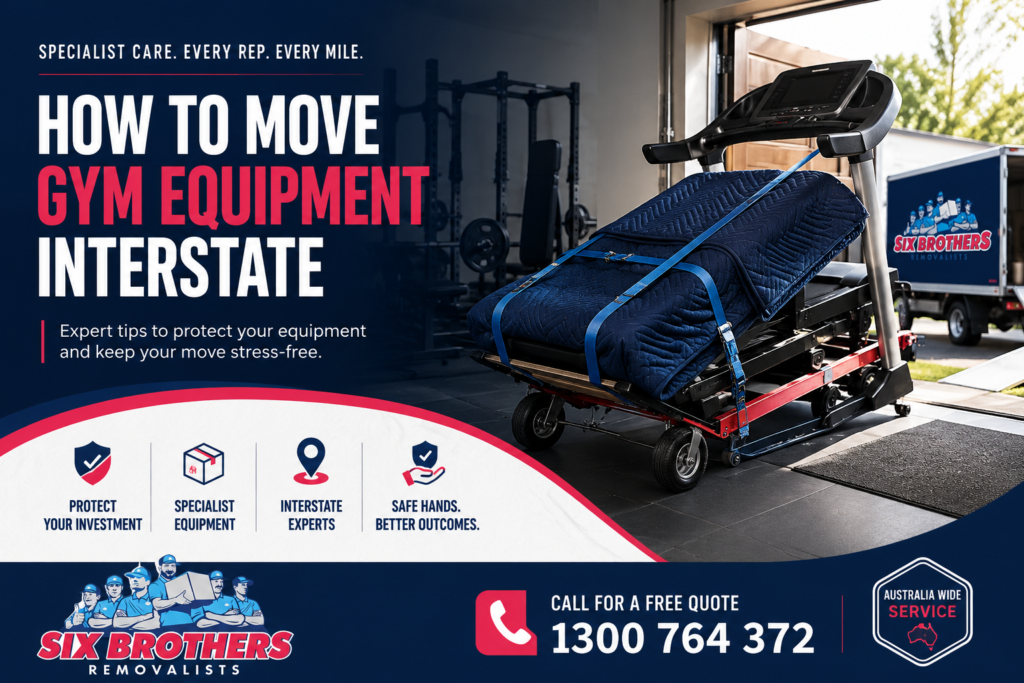How to move gym equipment interstate with specialist care from Six Brothers Removalists using straps and a dolly.