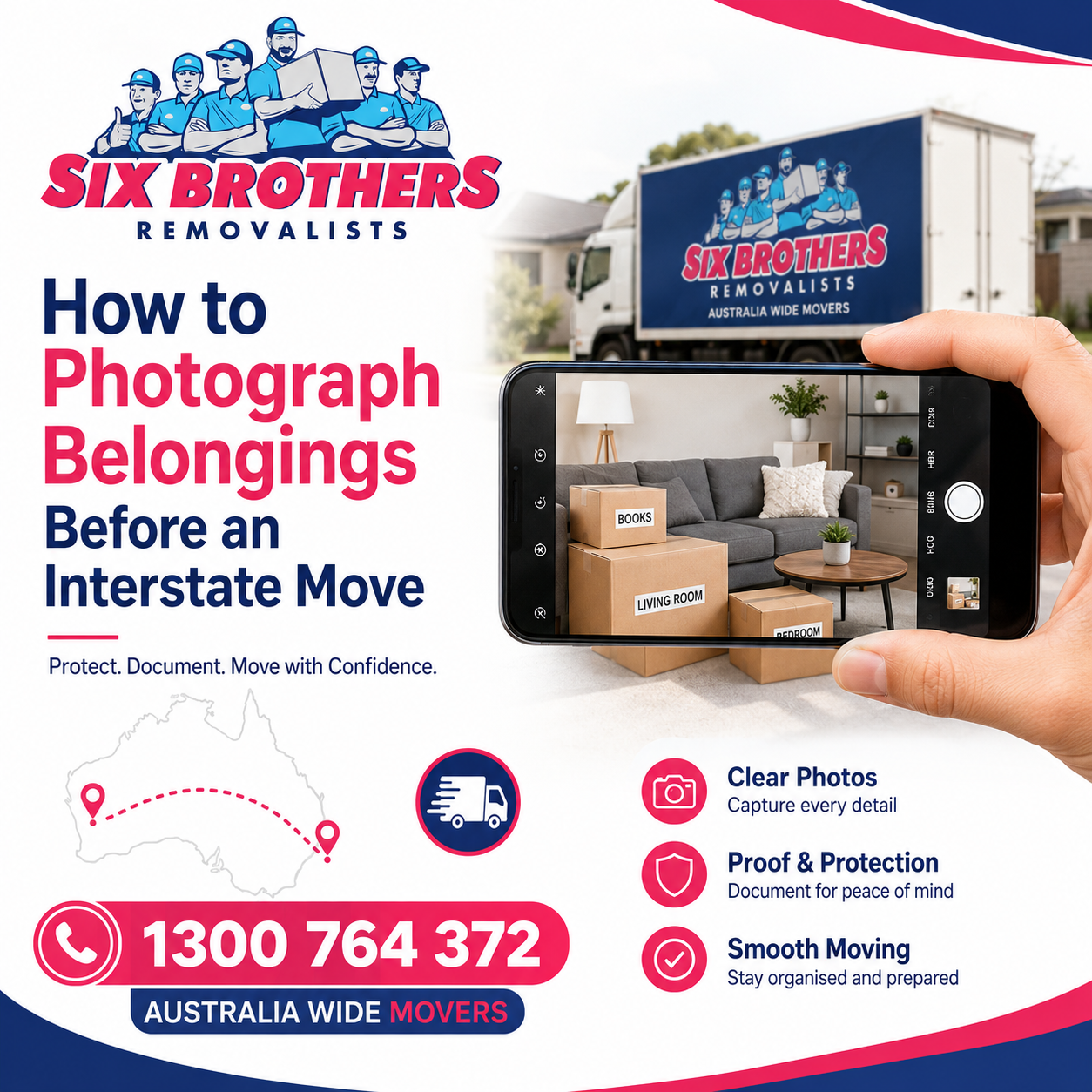 How to photograph belongings before an interstate move with Six Brothers Removalists, labelled boxes and phone camera.