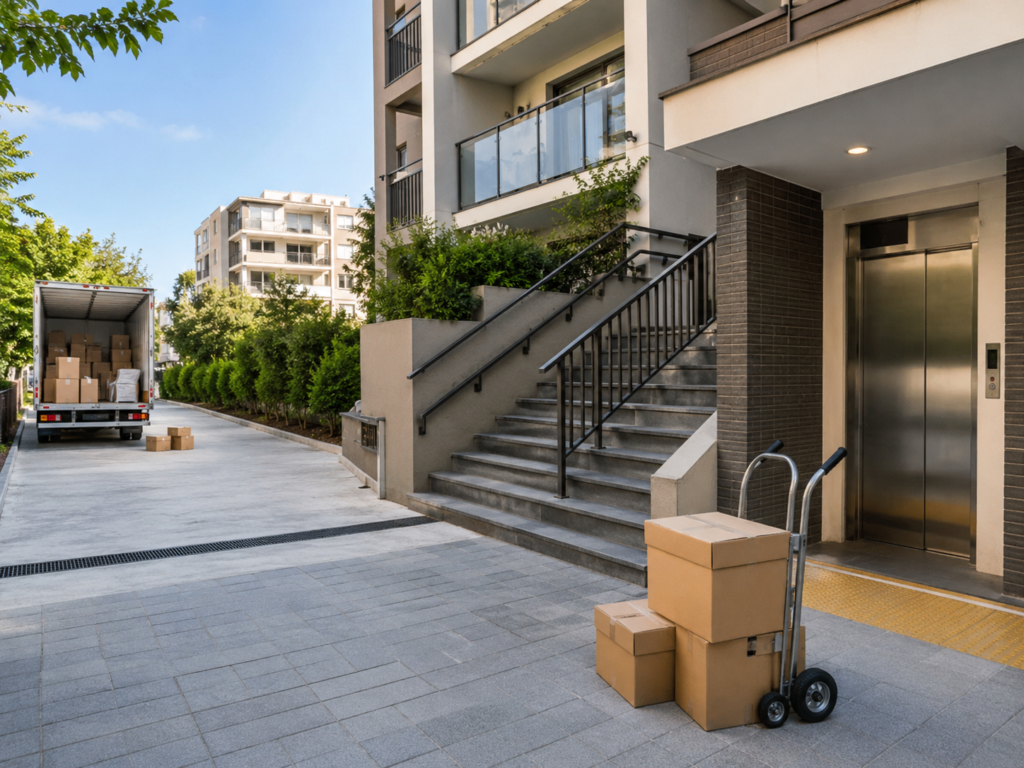 Section image by Six Brothers Removalists showing stairs, lift access and a distant truck for interstate removalist cost.