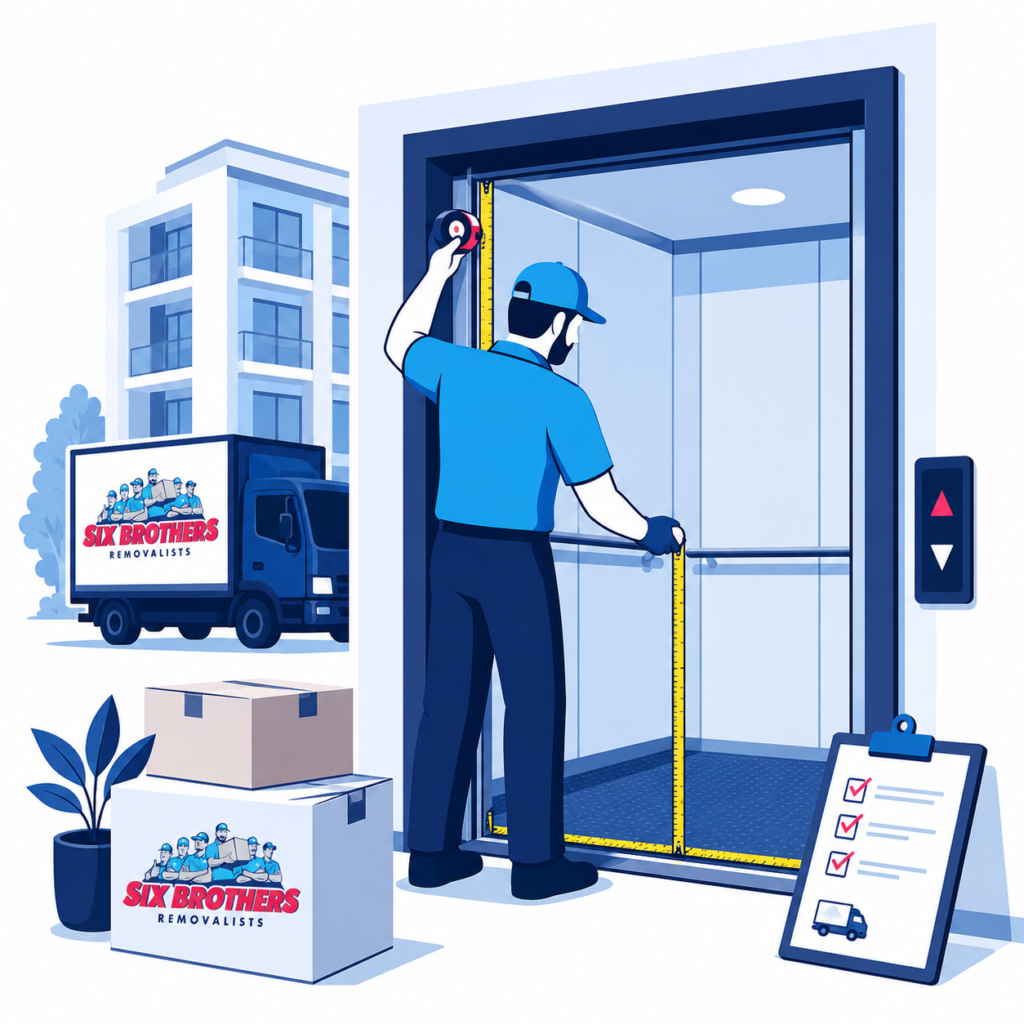 Lift booking checklist image showing a mover measuring a goods-lift door and cabin for Six Brothers Removalists.
