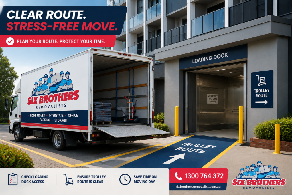 Lift booking checklist image showing a Six Brothers Removalists truck, apartment loading dock and clear trolley route.