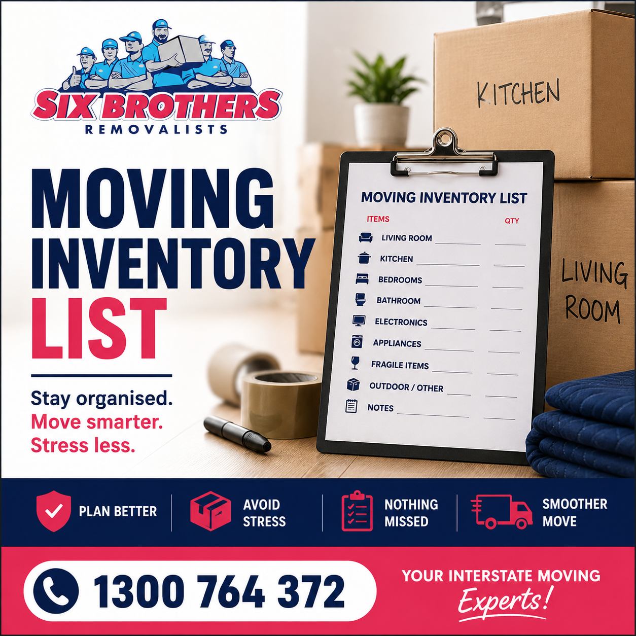 Moving inventory list featured image by Six Brothers Removalists with checklist, boxes, and phone number for interstate moves.
