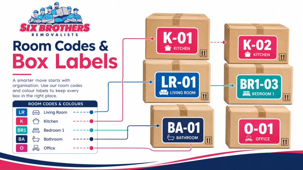Moving inventory list diagram by Six Brothers Removalists showing room codes, colour coded labels and matching box numbers.