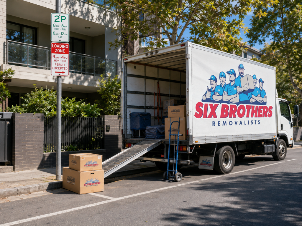 Street-side truck scene showing interstate moving day access problems planning by Six Brothers Removalists.