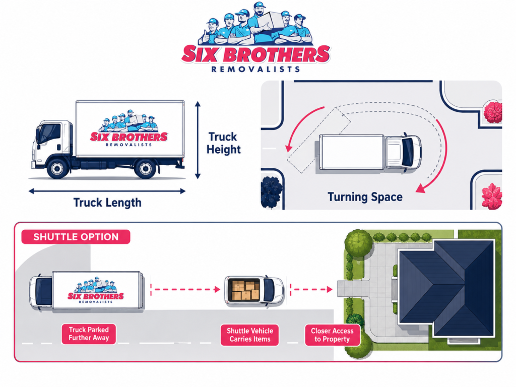 Truck access diagram for interstate moving day access problems by Six Brothers Removalists, showing length, height and shuttle option.