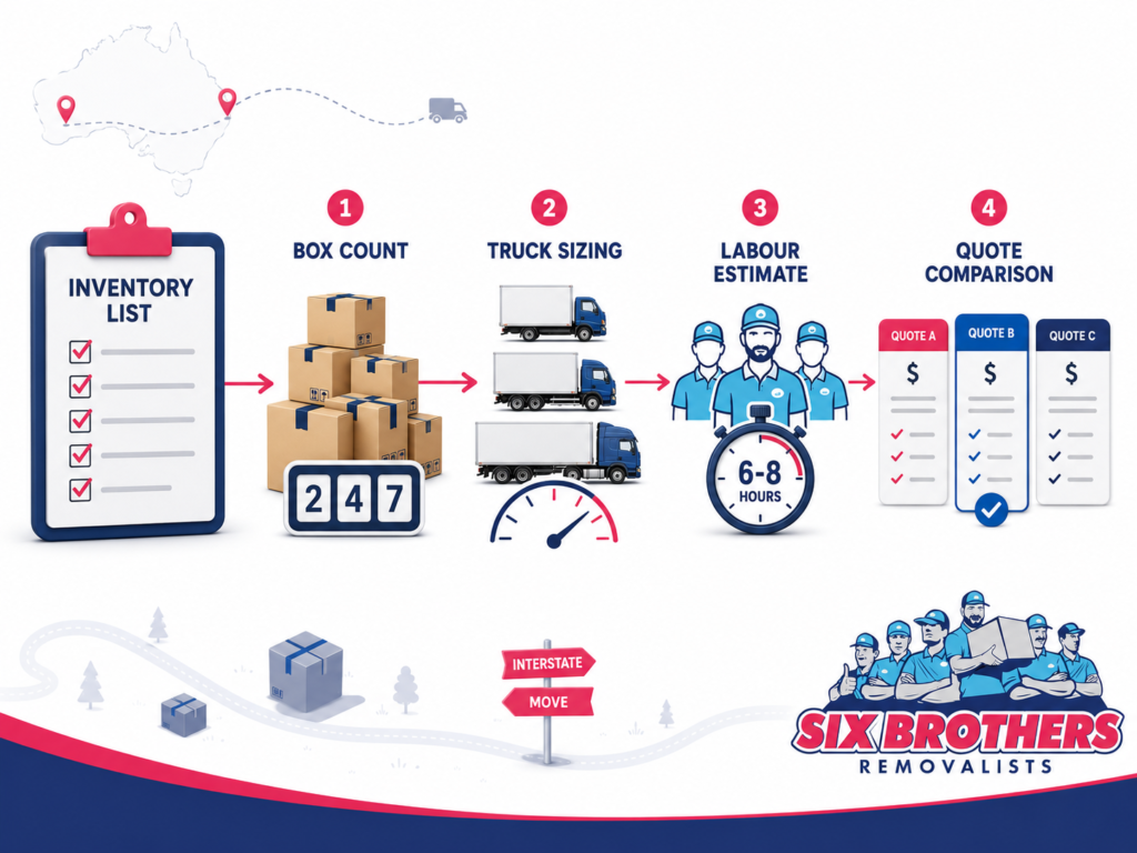 Why Your Inventory List Matters diagram by Six Brothers Removalists for box counts, truck size and moving quotes.