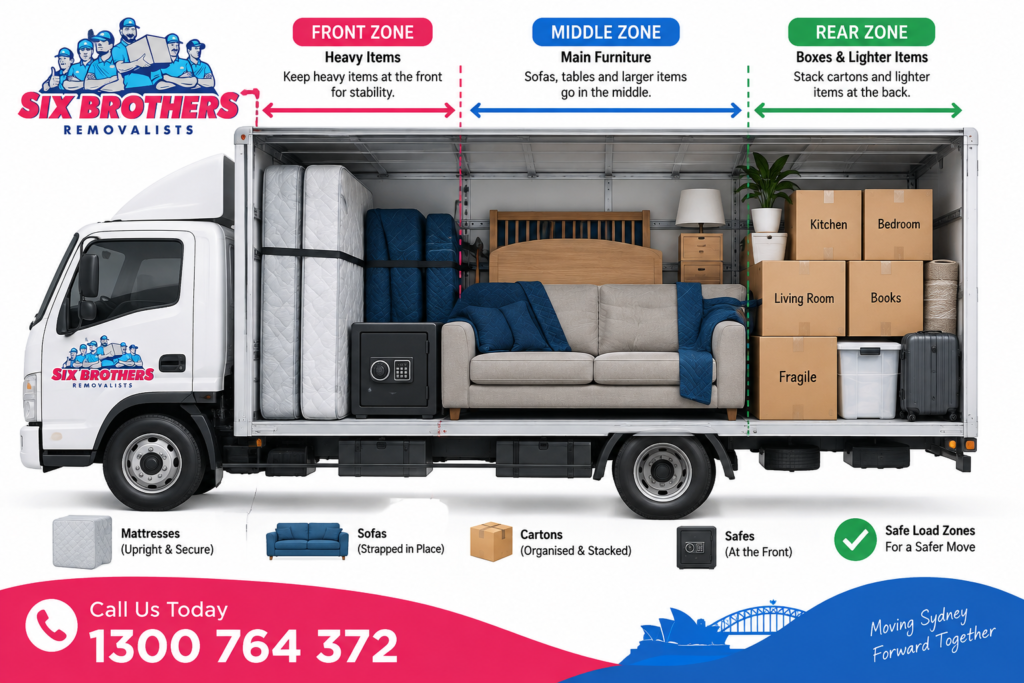 DIY five-bedroom house move Sydney truck capacity diagram showing safe loading zones by Six Brothers Removalists.