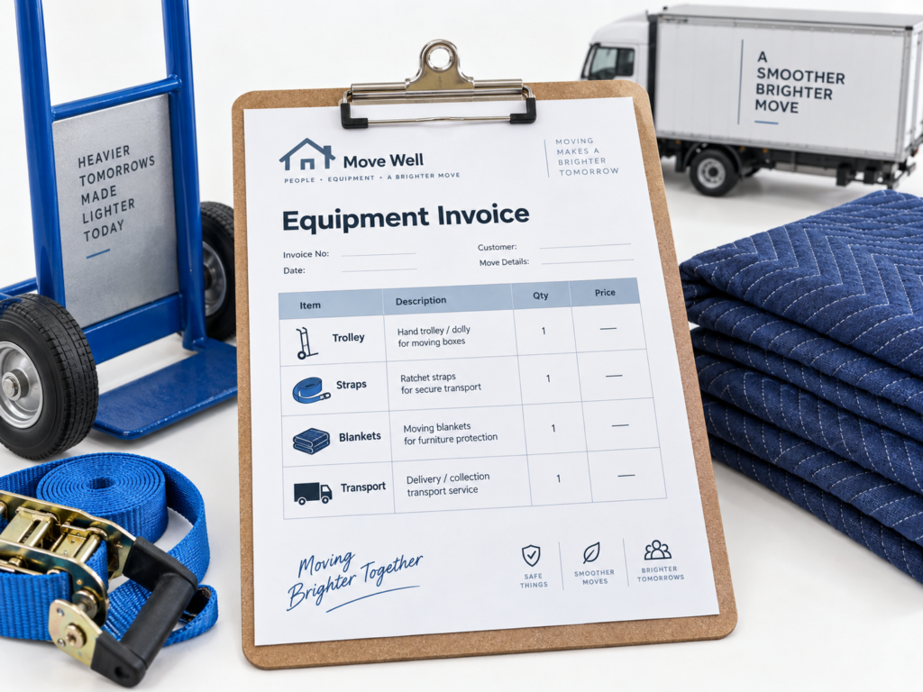 DIY house move equipment costs invoice with trolley, straps, blankets and transport by Six Brothers Removalists.