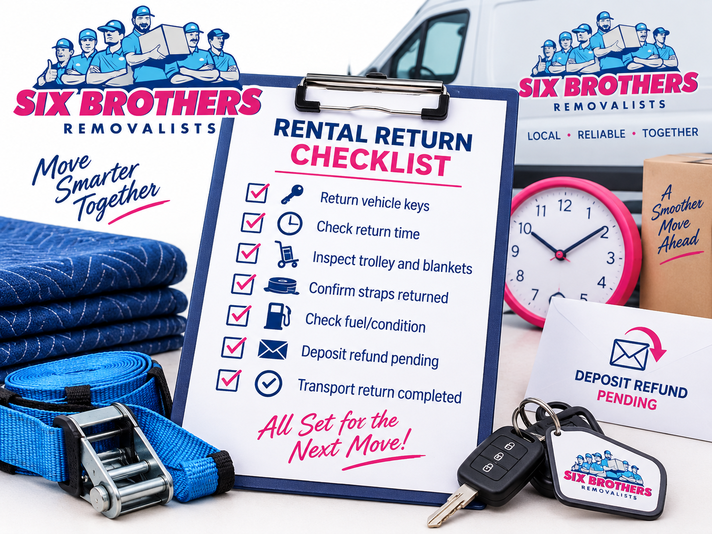DIY house move equipment costs checklist showing rental return time, deposit and vehicle keys by Six Brothers Removalists.