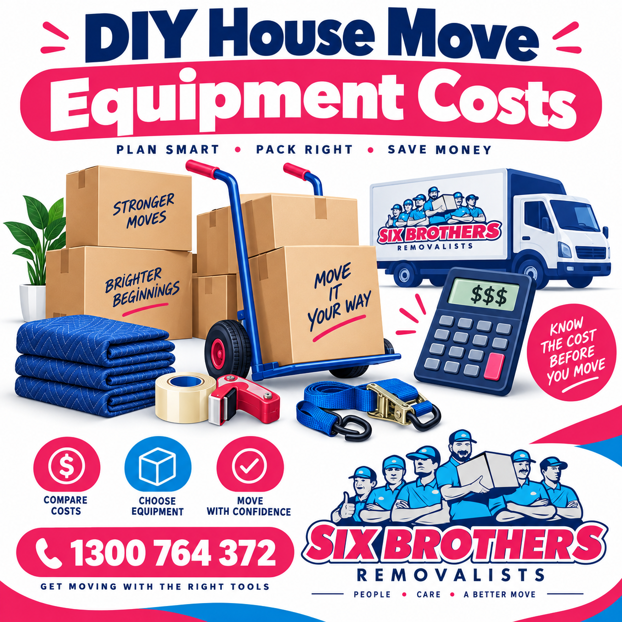 DIY house move equipment costs featuring moving boxes, trolleys and a truck by Six Brothers Removalists.