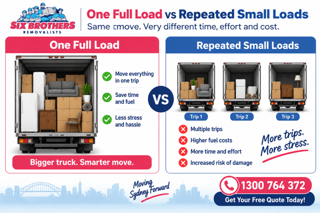 DIY house removal Sydney truck-space comparison by Six Brothers Removalists showing one full load versus three smaller trips.