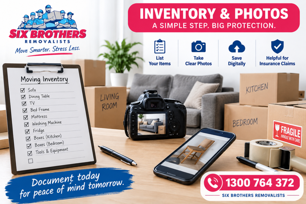 DIY moving insurance gaps Sydney infographic by Six Brothers Removalists showing a moving inventory, camera and furniture photos.