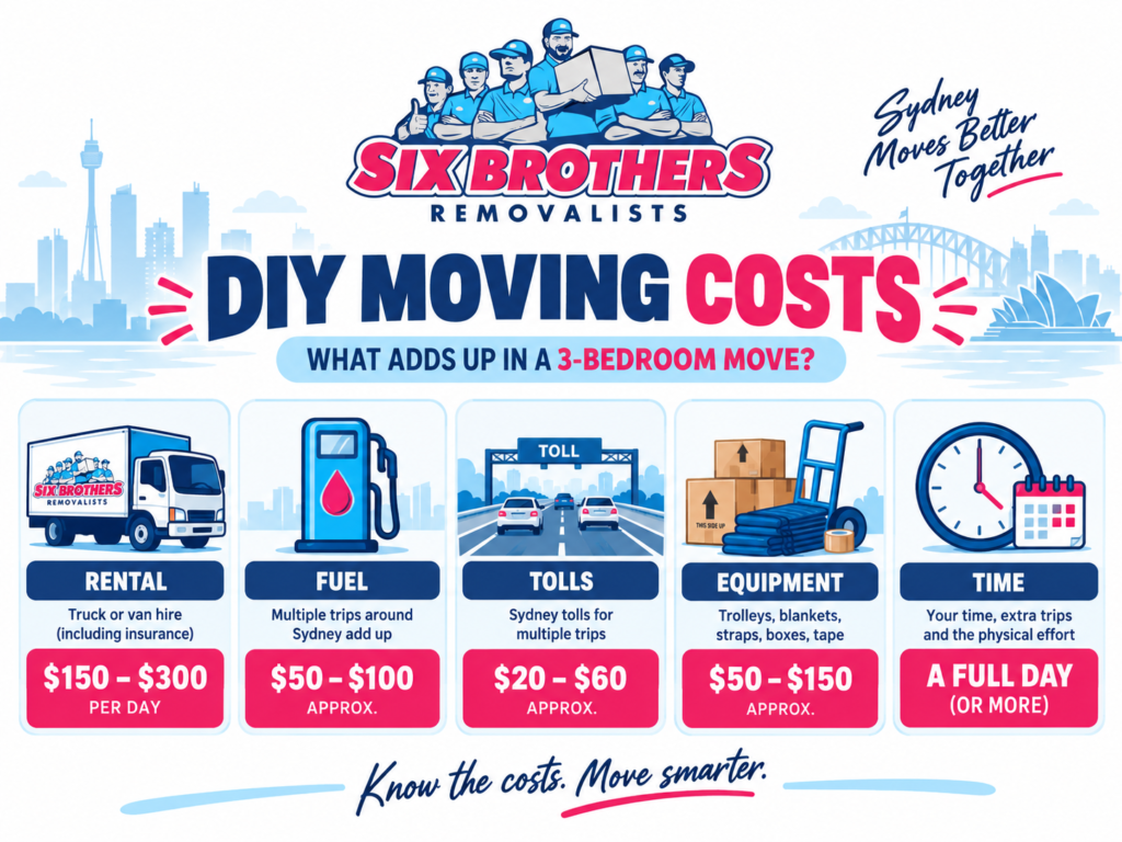 DIY moving Sydney cost comparison by Six Brothers Removalists showing rental, fuel, tolls, equipment, and time.