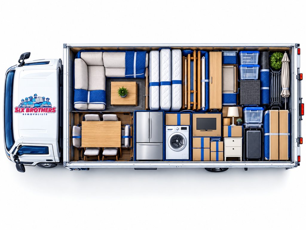 DIY moving Sydney truck layout by Six Brothers Removalists showing a top-down three-bedroom household load.