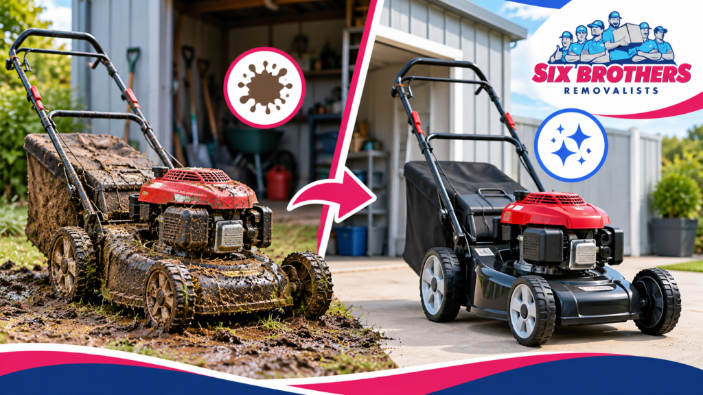 Garage and shed moving costs image by Six Brothers Removalists showing a muddy mower cleaned and soil-free.