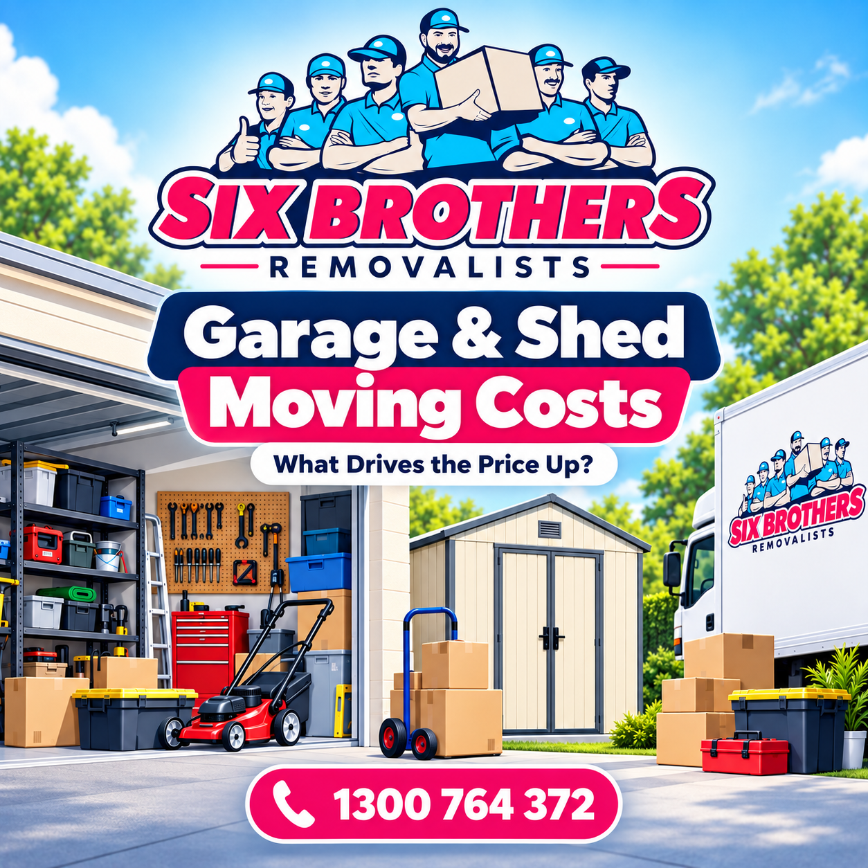 Garage and shed moving costs featured image by Six Brothers Removalists with garage, shed, boxes and moving truck.
