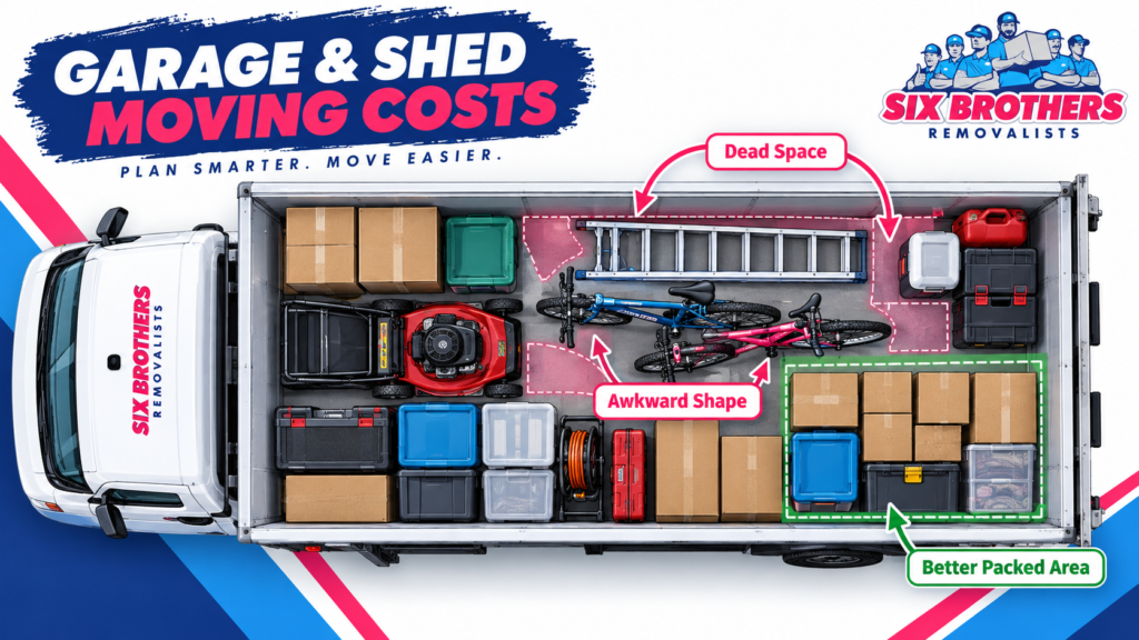 Garage and shed moving costs image by Six Brothers Removalists showing a top-down truck layout with boxes and tools.