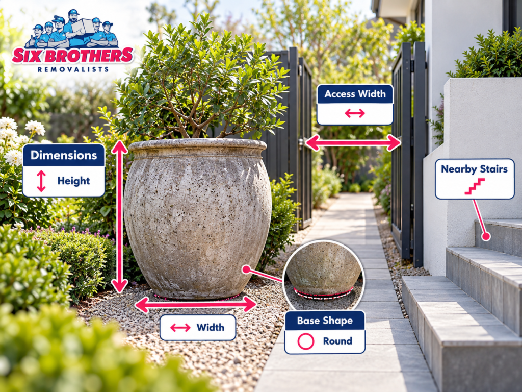 Heavy garden items that increase removalist quotes shown with dimensions, access width and stairs by Six Brothers Removalists.