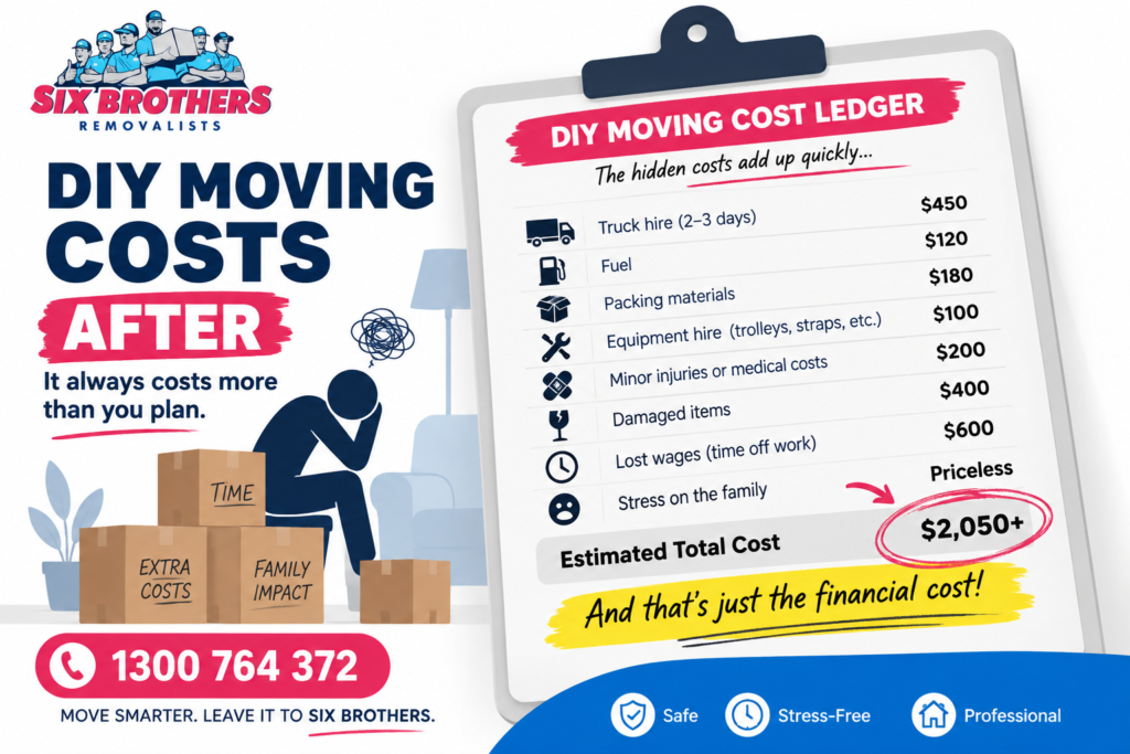DIY moving cost ledger showing the hidden family cost of DIY house moves by Six Brothers Removalists.