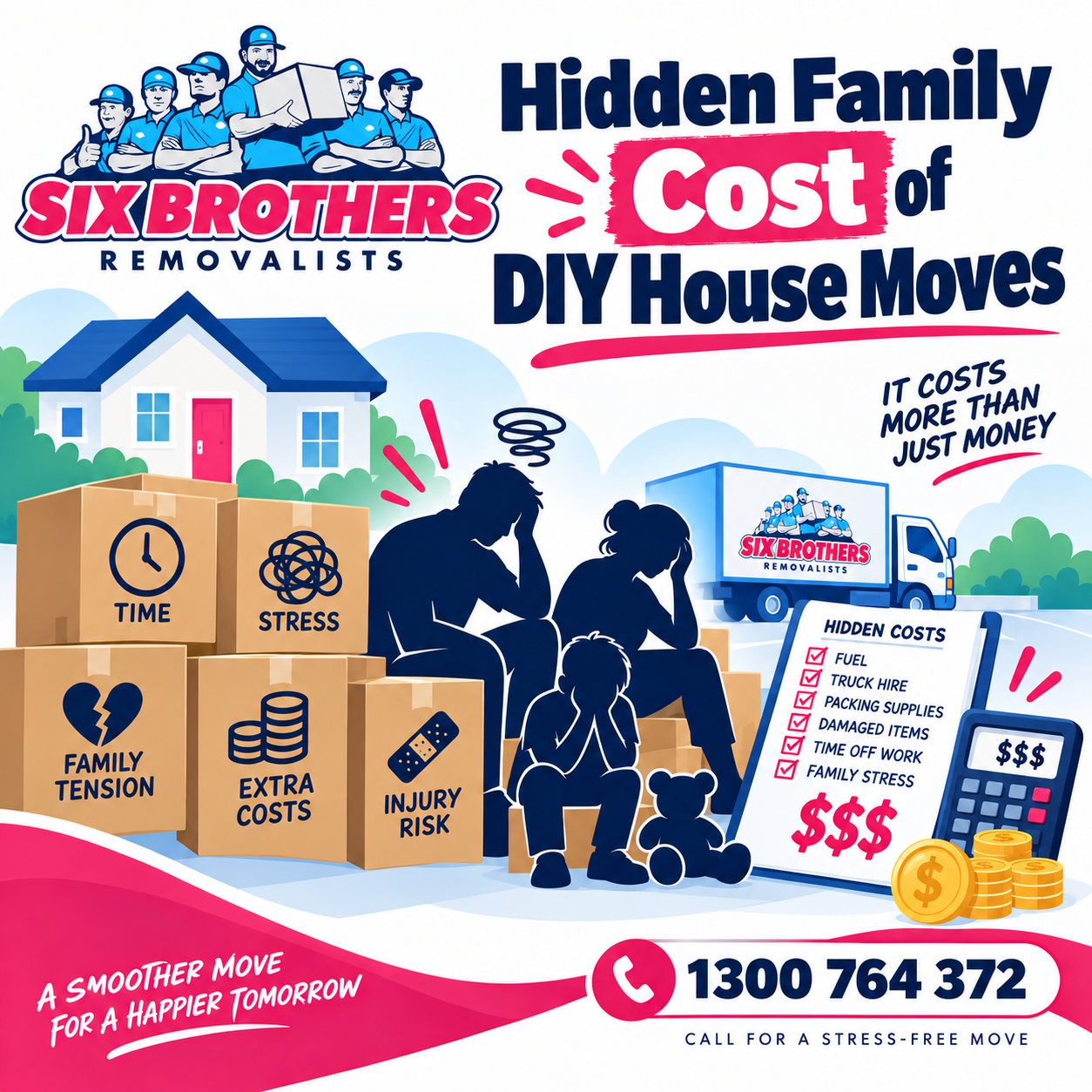 Hidden family cost of DIY house moves illustrated with stressed family silhouettes by Six Brothers Removalists.