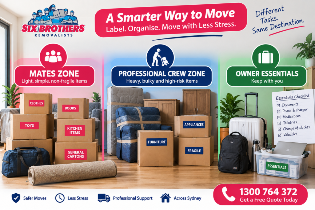 Hiring mates vs hiring pros moving zones graphic by Six Brothers Removalists, showing mates, crew and owner essentials.