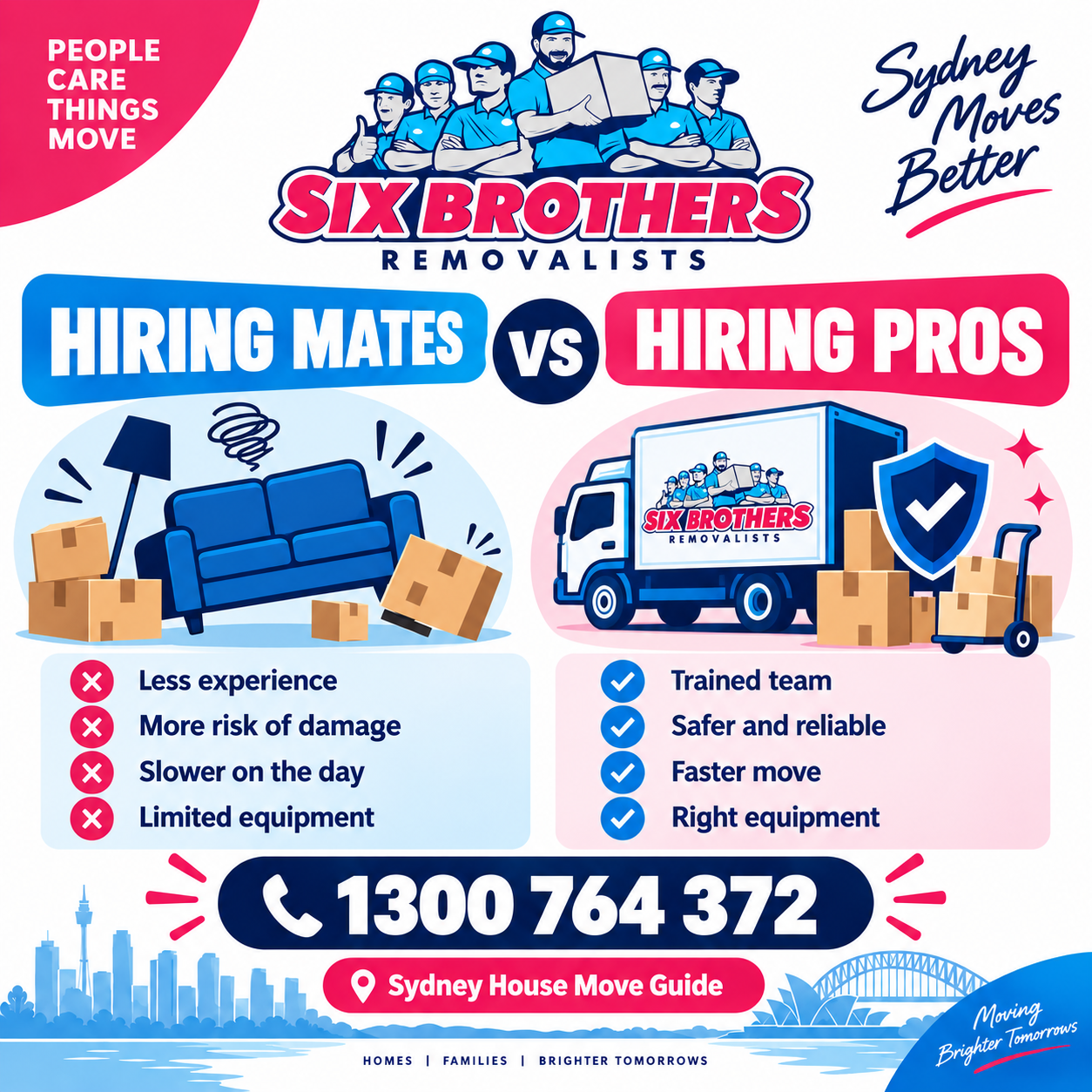 Hiring mates vs hiring pros graphic for Sydney house moves by Six Brothers Removalists.