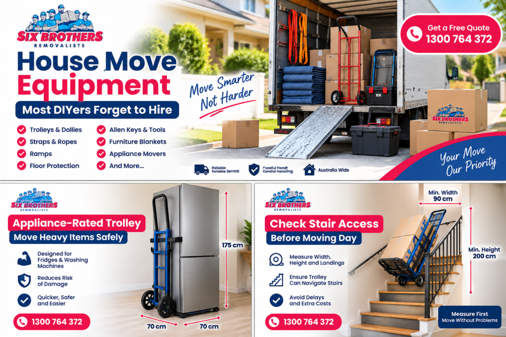Six Brothers Removalists guide to house move equipment most DIYers forget to hire, including trolleys and stair access