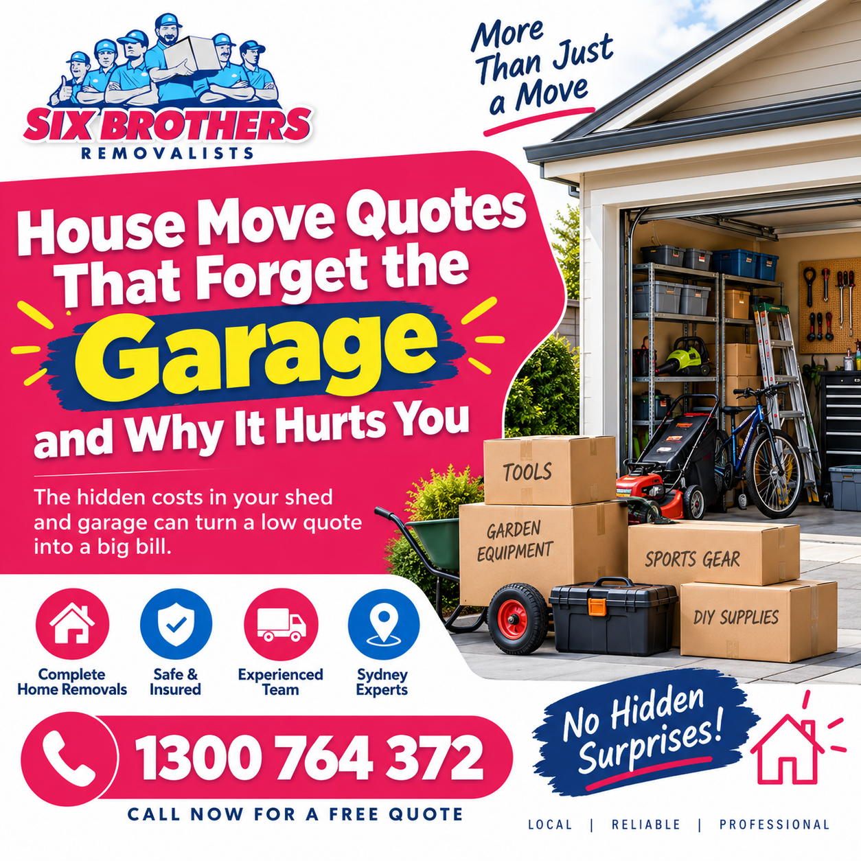 House move quotes graphic showing garage items and hidden moving costs by Six Brothers Removalists in Sydney.