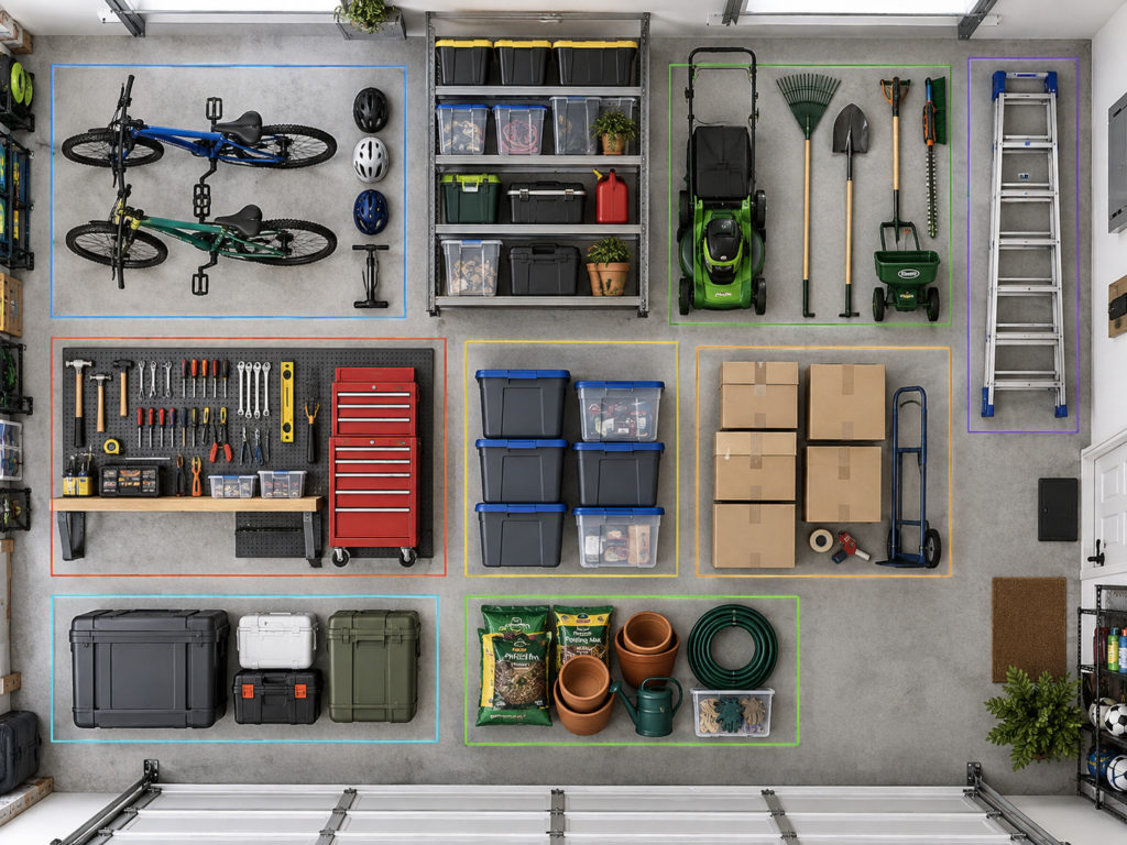 House move quotes garage inventory image with bikes, mower, shelving and tools by Six Brothers Removalists.