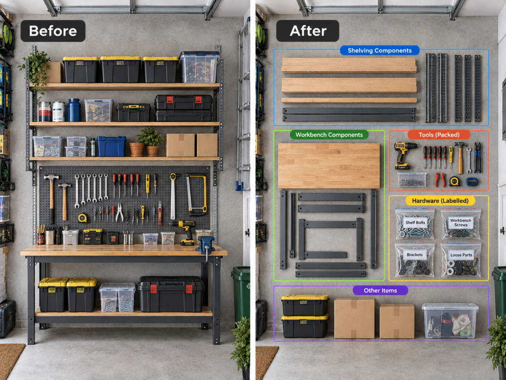 House move quotes section image showing workbench and shelving dismantling by Six Brothers Removalists.