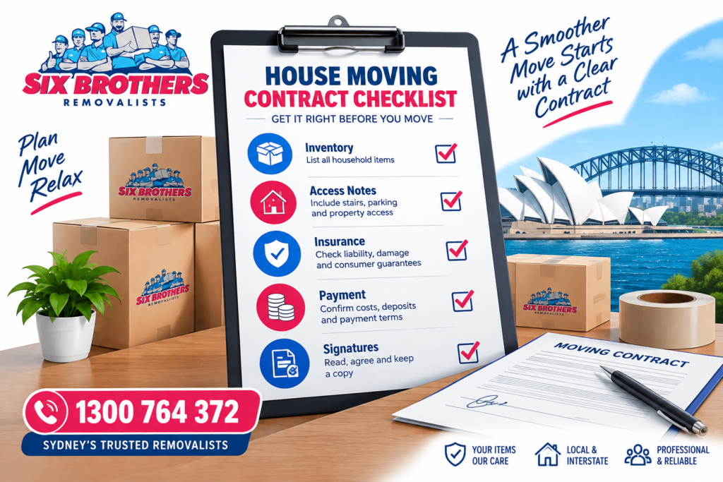 House moving contract Sydney checklist by Six Brothers Removalists showing inventory, access, insurance, payment and signatures.