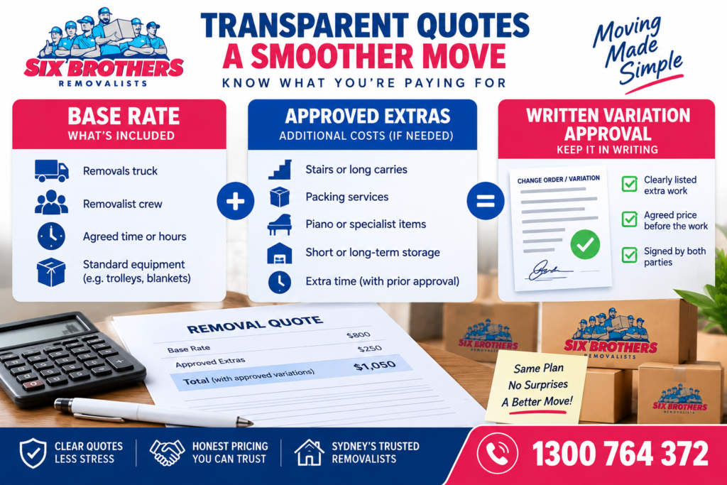 House moving contract Sydney graphic by Six Brothers Removalists showing base rate, approved extras and written approval.