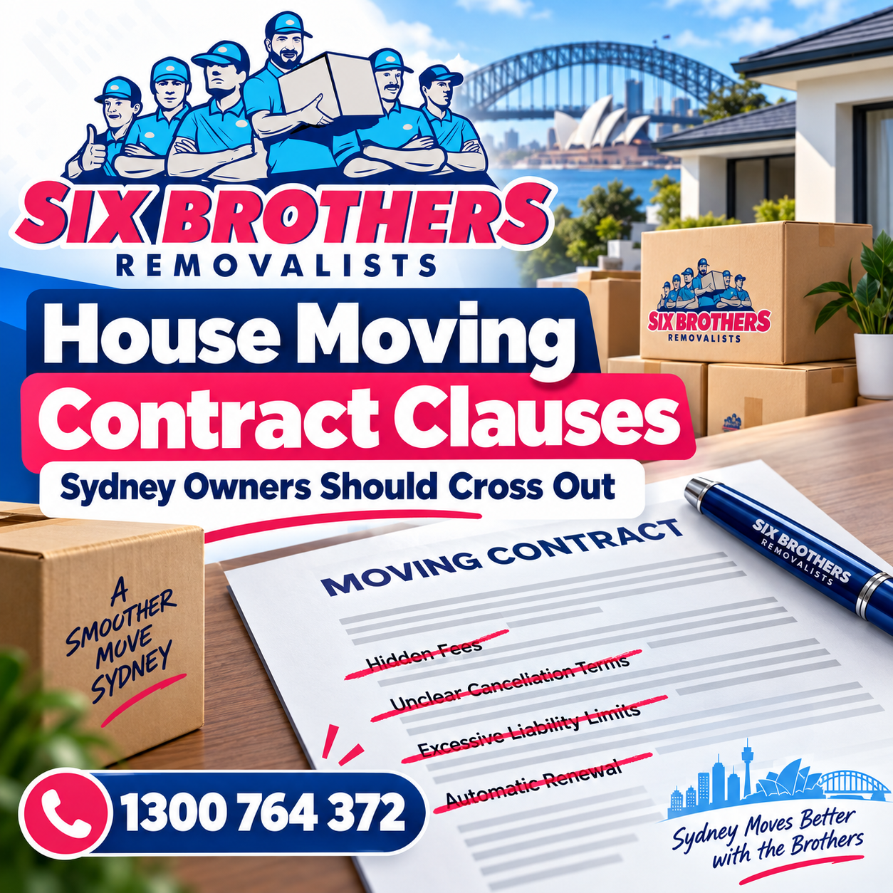 House moving contract Sydney featured image by Six Brothers Removalists with contract checklist and moving boxes.