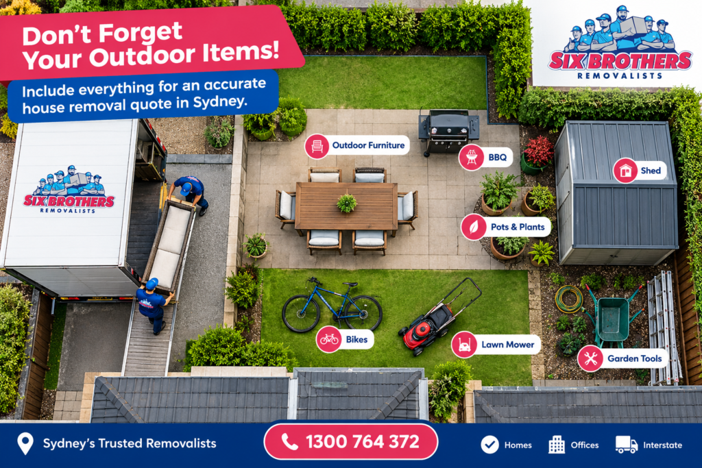House removal quote Sydney backyard inventory graphic with outdoor items by Six Brothers Removalists.