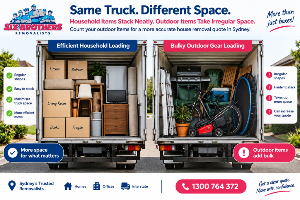 House removal quote Sydney truck loading comparison by Six Brothers Removalists showing bulky outdoor gear.