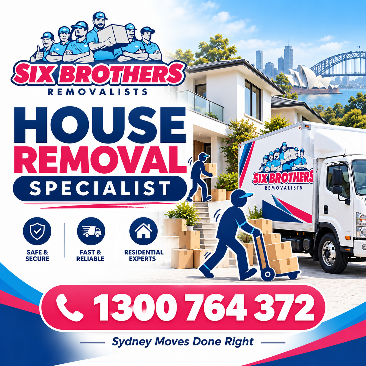 House removal specialist featured image by Six Brothers Removalists with moving truck, crew, Sydney home, and phone number