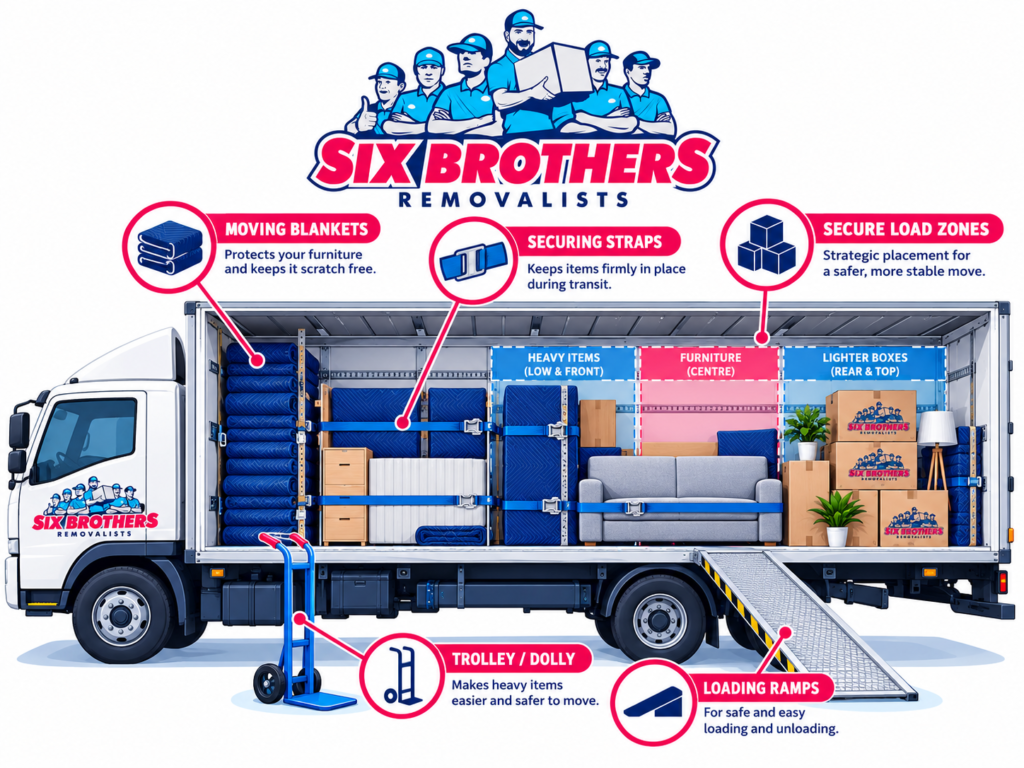 House removal specialist truck diagram by Six Brothers Removalists showing blankets, straps, trolley, ramps, and secure load zones