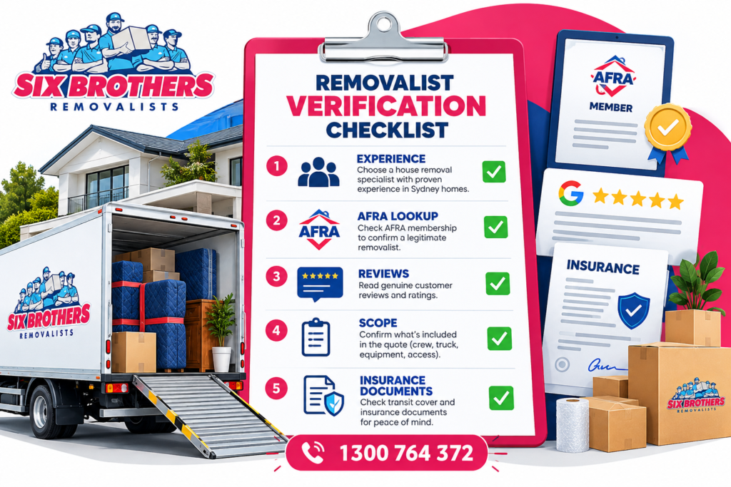 House removal specialist checklist by Six Brothers Removalists covering experience, AFRA, reviews, scope and insurance