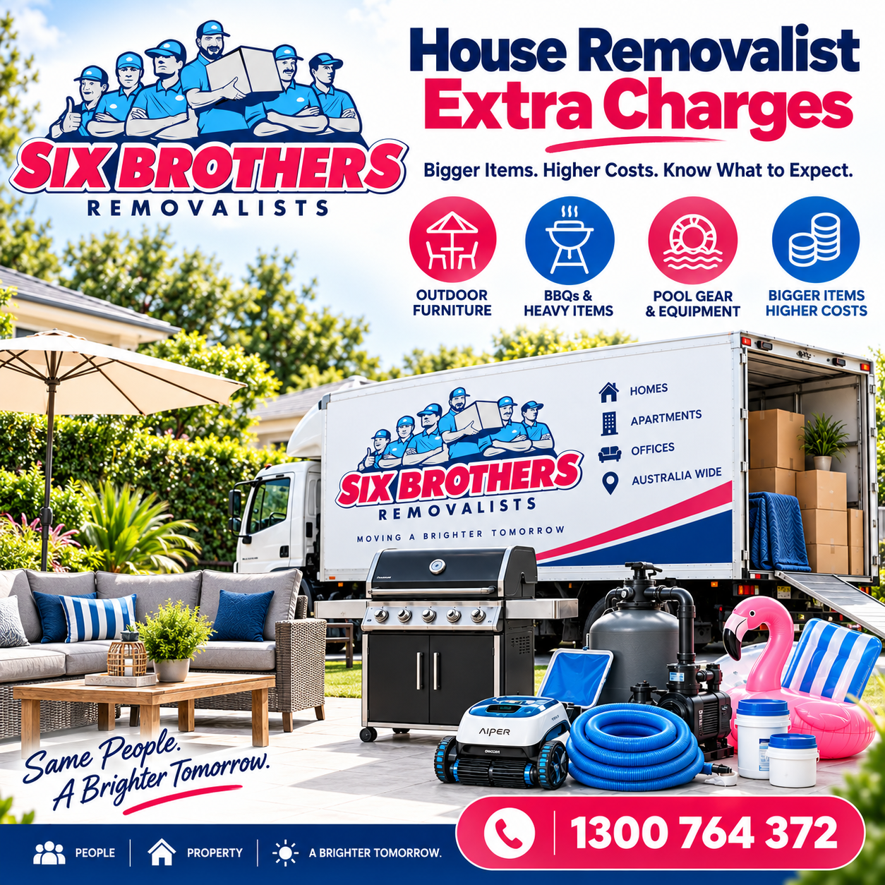 House removalist extra charges featured image by Six Brothers Removalists with outdoor furniture, BBQ and pool gear.