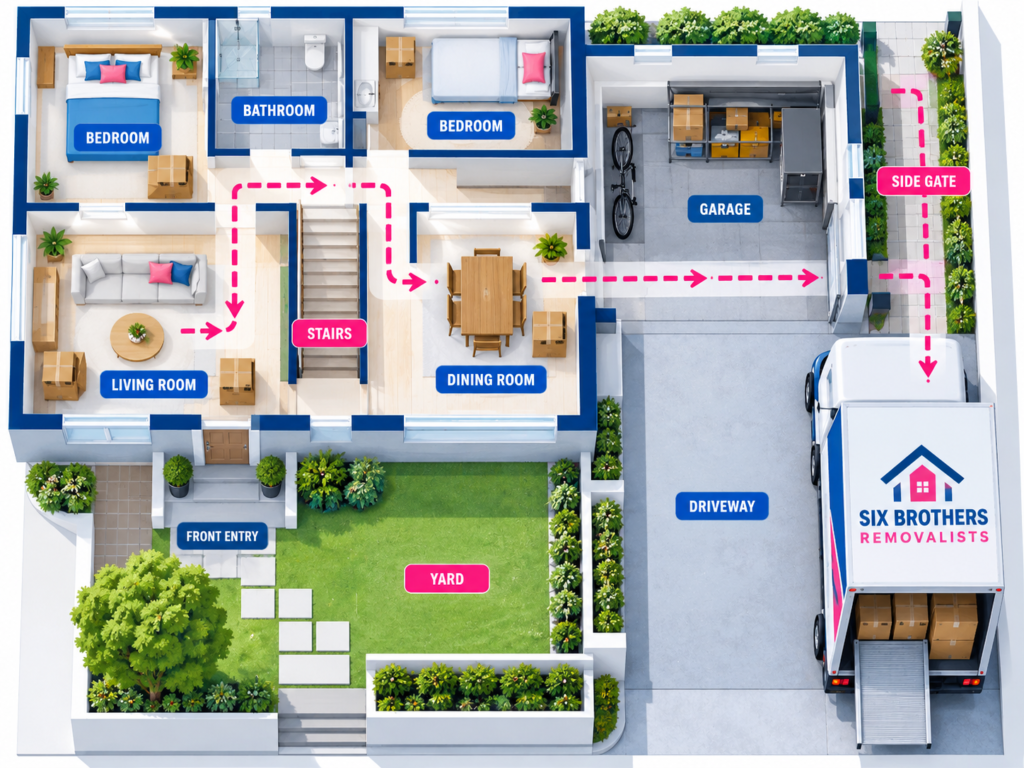House removalists vs apartment movers route diagram by Six Brothers Removalists showing rooms, garage, side gate, yard, stairs and truck position.